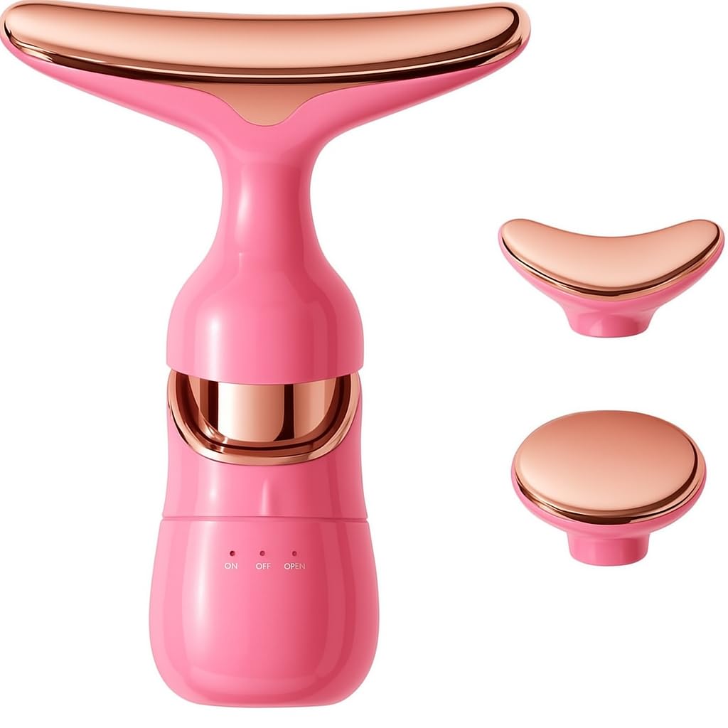 AKRIZA Facial Massager for Face and Neck, 3-in-1 Face Massager for Women, Anti-Wrinkle & Anti-Aging Facial and Neck Massage Kit with 3 Modes for Skin Care, Improve Firmness, Tightening & Smoothing (Pink)