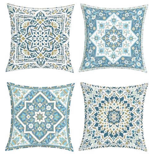 Joymaison Housse Coussin 45x45 Lot de 4 Bohémien Bleu Mandala Florale Taie d'oreiller Vintage Geometric Marocain Fleur Housse d'oreiller pour Coussins Canapé...