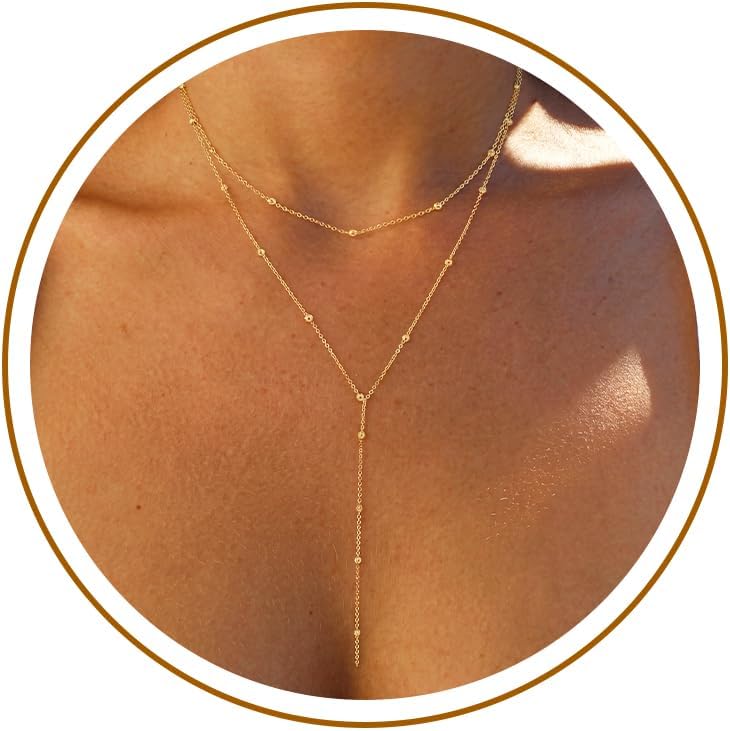 Lariat Gold Necklace for Women, Dainty Long Necklace 14k Gold Plated/Silver Y-Shaped Pendant Necklace Trendy Layered Cz Beaded Chain Drop Necklaces Simple Gold Jewelry For Women Girls Gift,