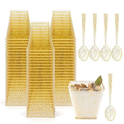 Tebery 100 Pack 8oz Gold Glitter Medium Plastic Dessert Cups With 100 Spoons Square Dessert Bowls for Tasting Party Desserts Appetizers