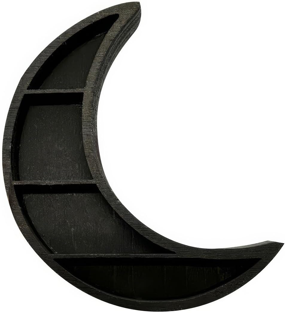 Miniature Moon Shelf for Dollhouse, Black Wooden Crescent Display for Tiny Crystals & Curiosities, 1:12 Scale Gothic Witchy Room Decor Accessory for Adult Collectors.