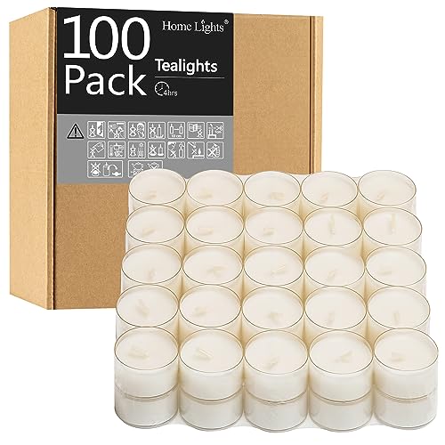 Home Lights Tealight Candles, Giant 100,200,300 Bulk Packs, White Unscented European Smokeless Clear Cup Tea Lights for Shabbat, Weddings, Christmas, Home Decorative- 100 Pack