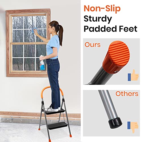 2 Step Ladder, Folding Metal Step Stool For Adults, Portable Steel Step Ladder, Wide Anti-Slip Pedal, Lightweight And Sturdy #TOP2