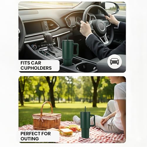 Image of Personalised 1200ml Insulated Stainless Steel Tumbler with Handle and Straw Lid - Large Travel Mug for Coffee & Water, Double Wall Vacuum Cup, Car Cupholder Friendly (Forest Green)
