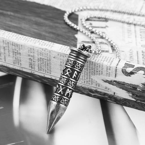 HZMAN Bullet Cremation Urn Necklace for Ashes Stainless Steel Viking Runes Memorial Pendant for Men Keepsake Jewelry3