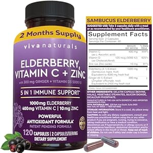 Viva Naturals Elderberry with Vitamin C and Zinc for Adults – 5 in 1 Sambucus Black Elderberry Capsules with Vitamin D3 5000 IU Immunity Supplement, Sambucus Elderberry Immune Support Supplement