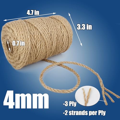 Leecogo Juteseil, 4 mm Stark, 50 m Lang, Robustes und Dickes Bindfaden, für Gartenarbeit, Kunst, Handwerk, Verpackung, Bündelung, Recycling und Heimdekoration
