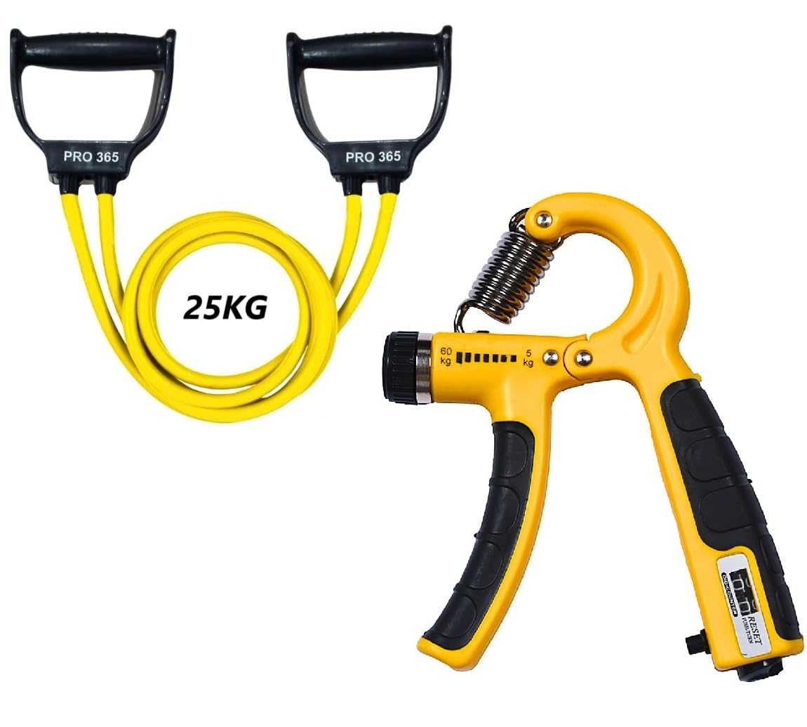 PRO365 Double Toning Tube 25 Kg| Counter Hand Gripper| Full Body Workout Equipment| Resistance Tube| Comfort Handles Latex Hand Grip| Combo Fitness Kit