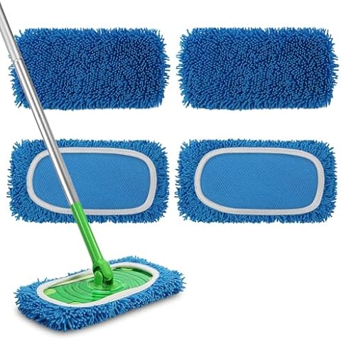 Set of 4 Reusable Microfiber Mop Pads Compatible with Swiffer Sweeper, Dry Sweeping Cloths, Washable Wet Mopping Cloth Refills for Floor Cleaning (Mop is Not Included) (4 Pack, Blue) Cover