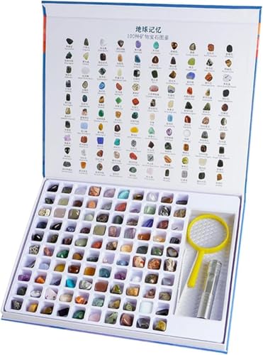 KOKUMON コレクション地質キット 100種類の水晶鉱石 アメシスト 螢石 クォーツ トルマリンなど 地球の記憶の自然な宝石類の原石標本 分類カード付き 詳細説明書付き 安全素材 小さな子供にも安心 理科学習用 自然探索 家庭学習 学校プロジェクト 夏