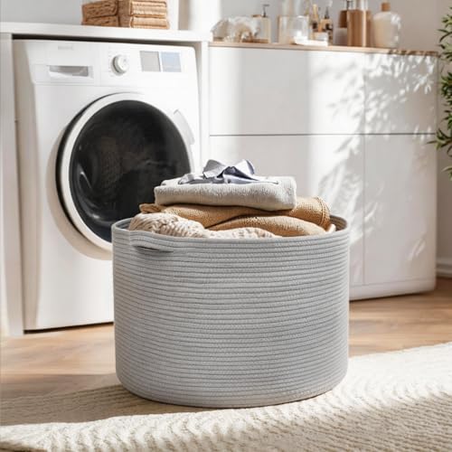 Image of MEGASKET 115L Super Large Gray Blanket Basket, 23.6 inchx15.7 inch Woven Cotton Rope Storage Basket for Laundry, Towel, Pillow, Oversized Kids Dog Toy Storage Bin, Grey XXXL Blanket Holder for Living Room