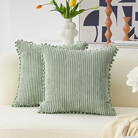 Home Brilliant Pom-poms Pillow Covers Set of 2 Soft Corduroy Decorative Sage Green Cushion Covers for Sofa Bed, 45x45 cm, 18 inches, Sage Green Cover