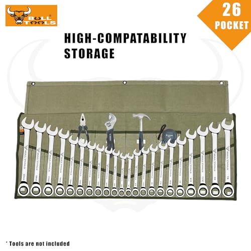 Image of Bull Tools Wrench & Tool Roll 22+4 pocket 100% Dyed 15 Oz. Cotton Duck Canvas (1 Piece, Sand washed Olive Drab) | Roll Up Wrench Bag, Combination Wrench Storage, Portable Tool Roll, Mechanic Gift, Garage Workshop Storage, Heavy Duty Canvas