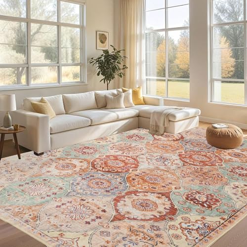 XWZO 8x10 Area Rugs Washable Rug for Living Room,Non-Slip Bedroom Rug Vintage Print Pattern Large Carpet for Office Dining Room Low Piles Indoor Carpet,Cream/Multi,8x10