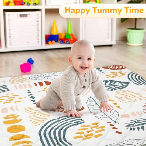 decalsweet Spielmatte Baby 127×127cm mit Rutschfest, Extra Dicke 2cm Weiche Krabbelmatte Baby, Faltbar Krabbeldecke für Baby Krabbelteppich für Kinderzimmer Indoor Outoor Zaun (Boho-Blatt)