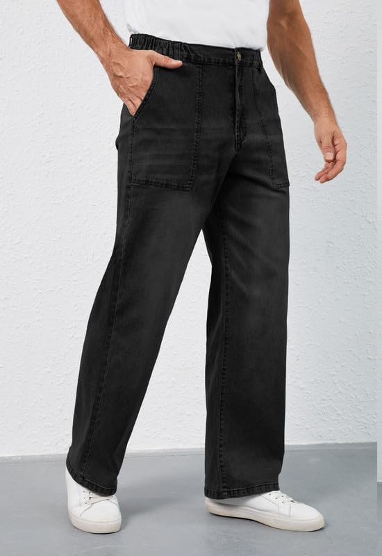 Men's Elastic Waist Baggy Jeans Stretch Denim Wide Leg Trousers Loose Fit Casual Pants - Image 3