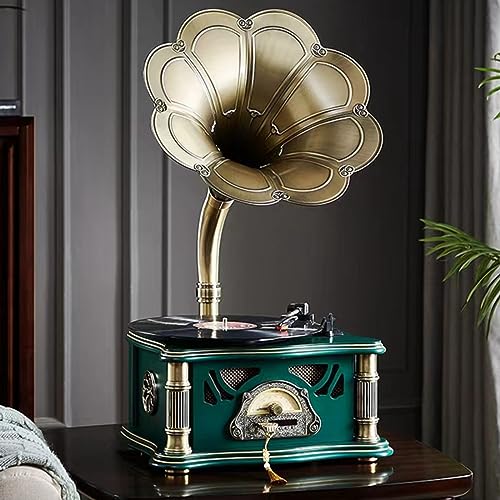 HZLSBL Vintage Gramophone with Bluetooth Input Vintage Record Players Retro Gramophone Turntables for 7 9 12 Vinyl Records 3 Speed Hi-Fi Handcrafted by Pure Oak (Dark Green)