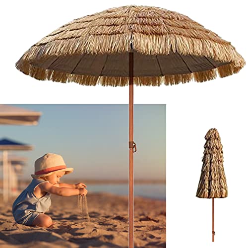 Parasols - Sombrilla de paja de 2 m para jardín, patio, playa, con mecanismo de inclinación, 8 varillas resistentes, estable y resistente al viento