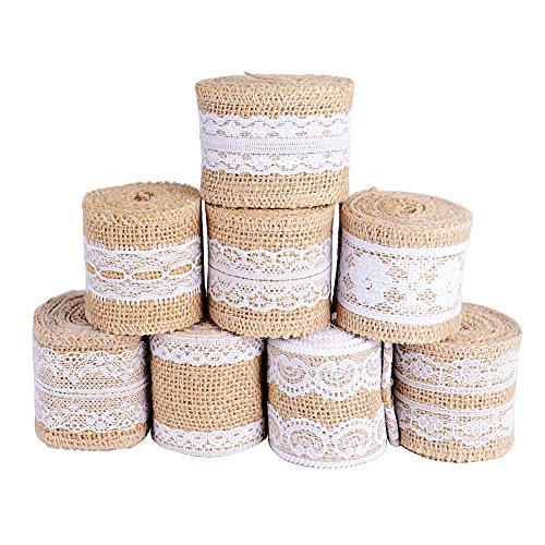 AONER (16M) 8 Rouleaux Ruban de Jute avec Dentelle Blanche Accessoire Bordure Vintage pour Couture Artisanat Deco de Mariage