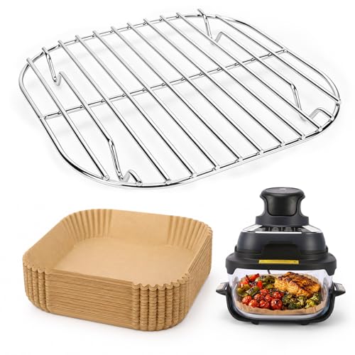 Image of Uniflasy Crisper Rack for Ninja Crispi Air Fryer Accessories FN101ST and Crispi Pro AS101CY, 6QT 4QT 2.5QT 6-Cup Glass Containers SUS304 Stainless Steel Grill Rack with 100pcs Parchment Liners