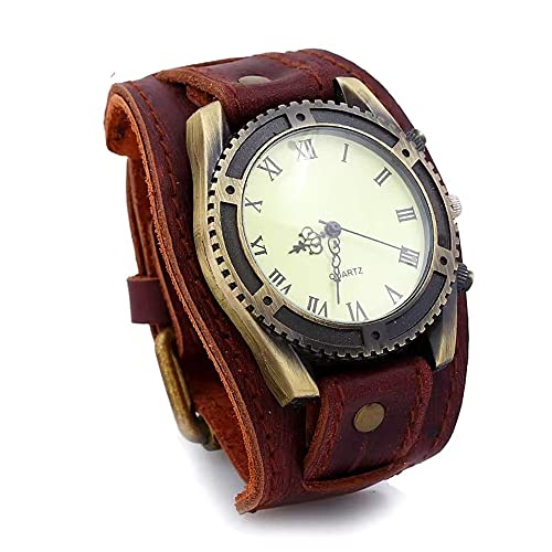 Montre à quartz vintage punk marron grand cadran et bracelet cuir