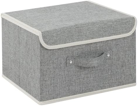 Storage Boxes, Collapsible Storage Bins with Lids, Cotton and linen cloth Storage Baskets with Handle, for Books, Closet, Bedroom, Home, 13x9.1x7.9 in, Grey