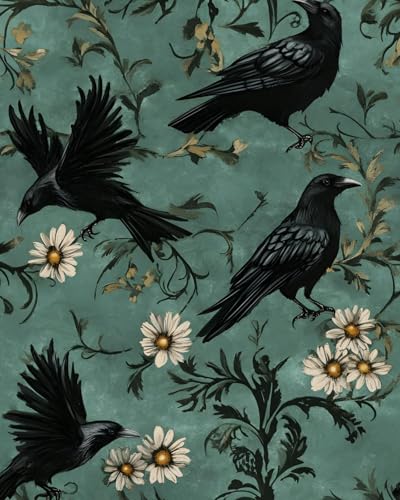 Fvlow Vintage Gothic Dark Crow Floral Peel and Stick Wallpaper 17.4 x 118