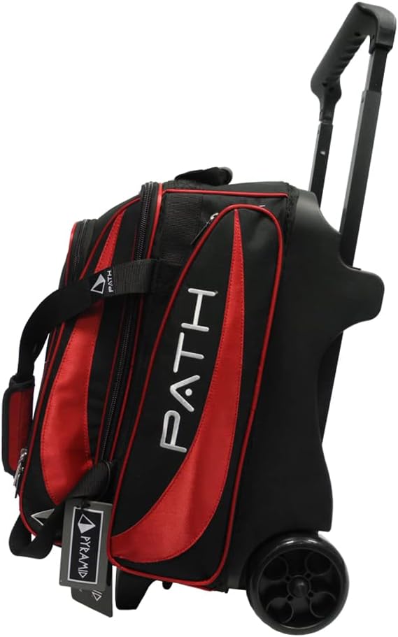 Pyramid Path Premium Deluxe 2 Ball Double Roller Bowling Bag With Large Separate Shoe Compartment (Up To US Mens Size 15) and Oversized Accessory Pocket, Retractable Locking Handle - Extends to 37"
