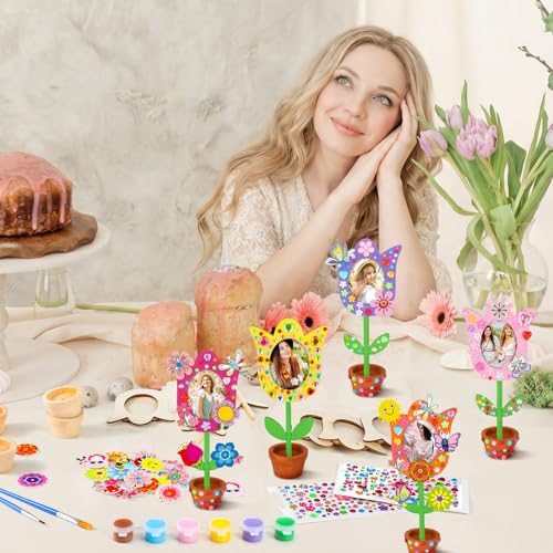 24 Sets Spring Wooden Crafts Bulk Mother's Day Flower DIY Picture Frame Kit Unfinished Solid Wood Flower Picture Frames Craft with Gems Sticker Paint Brush for DIY Birthday Party Gift(Tulip)