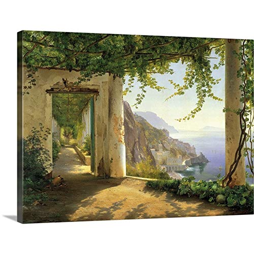 CANVAS ON DEMAND View to the Amalfi Coast Canvas Wall Art Print, European Window to a Mediterranean Seaside Town, Carl Frederic Aagaard Italian Landscape Painting, Italy Artwork, 40″x30″