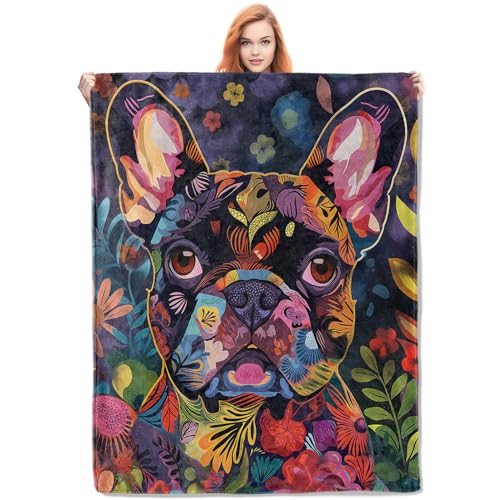 Colorful Floral French Bulldog Flannel Blanket,Artistic Flower an...