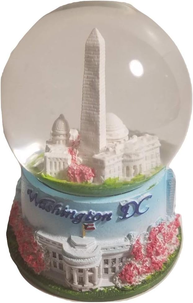 Cherry Blossom Themed Washington Monument, Jefferson Memorial, White House & U.S. Capitol Decorative Snow Globe - DC Souvenirs (Large)