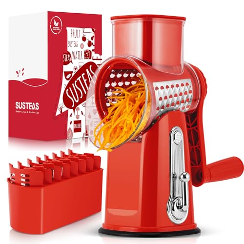 SUSTEAS Käsereibe mit Kurbel - Reibe für Gemüse mit 5 Trommelblättern, Starkem Saugfuß, Gemüseschneider,ideal für Käse,Gurken, Karotten,Nüsse,Gemüse usw, mit Klingenaufbewahrungsbox (Rot)