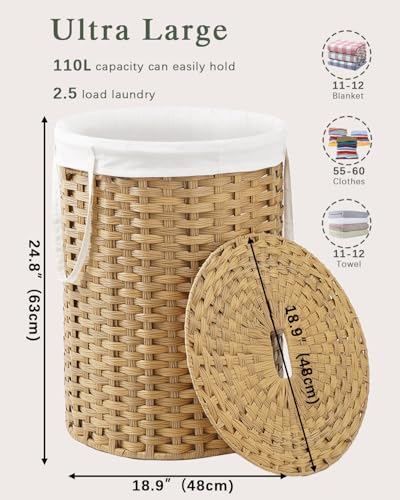 SETVSON-Laundry-Basket-with-Lid-Round-291-Gal-PE-Rattan-Natural-Family-Clothes-Blanket-Trunk-with-Lid-Removable-Liner-Bag-with-Handles-2-Mesh-Wash-Bags-Collapsible-Steel-Frame
