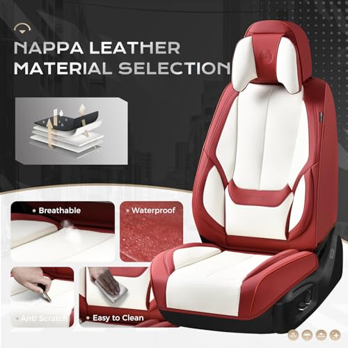 Image of Coverado Seat Covers Full Set, 5 Seats Seat Covers for Cars, Waterproof Nappa Leather Car Seat Covers with Head Pillow, Seat Protectors Car Seat Cushion Universal Fit for Most Cars (Red&White)