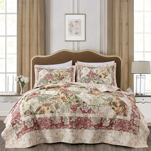 Chezmoi Collection Lunaria 3-Piece Washed Patchwork Cotton Quilt Set - Soft Lightweight Breathable Reversible Floral Quilted Bedspread for All Seasons. Queen Size