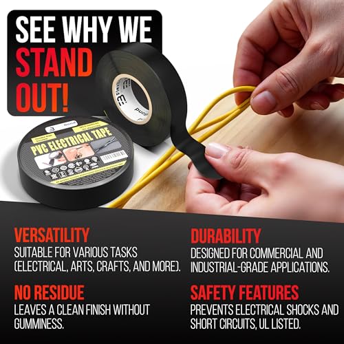 Image of Electrical Tape for Home Improvement, Professional Use, DIY - 3 /4 Inch 66 Feet Roll Electric Tape - Multipurpose Temperature Resistant Black Electrical Tape for Wire and Cable Splices, Repairs (5)