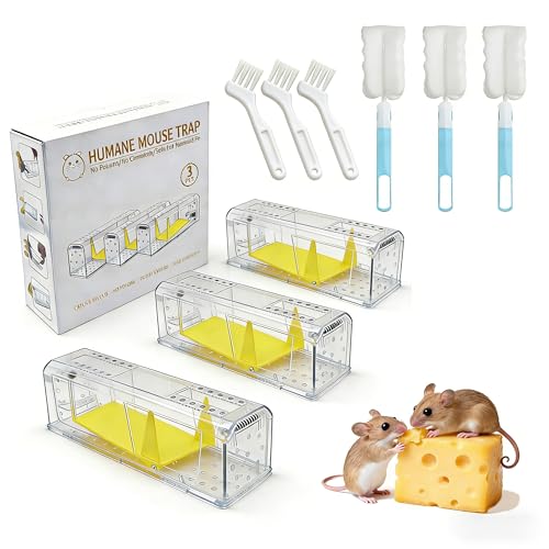 Paquete de 3 trampas humanas para ratones, uso en interiores y exteriores, sin contacto, opciones de captura y liberación, incluye cepillo de limpieza, lavable y reutilizable, seguro para mascotas y