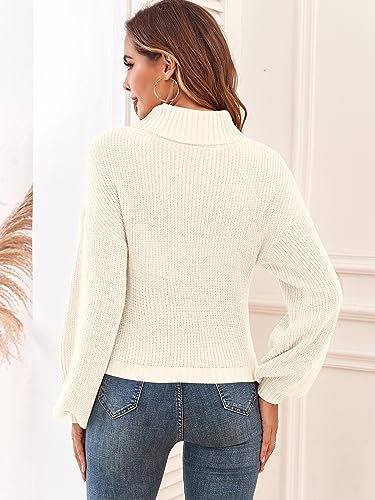 ZAFUL Women's Cropped Turtleneck Sweater Lantern Sleeve Ribbed Knit Pullover Sweater Jumper (2-White, M)