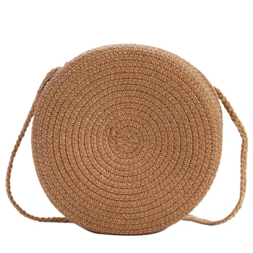 Bolsa feminina de palha redonda de 16,5 cm, bolsa de tecido casual de ombro único, com zíper, cor sólida, bolsa portátil para férias na praia, viagem, cáqui