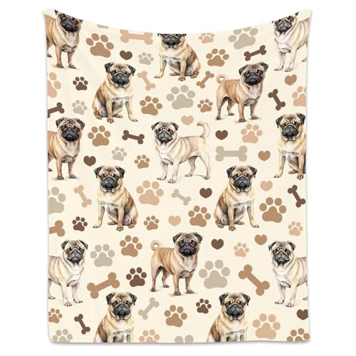 Pug Blanket with Women Men, 60x80 Inches Blanket with Dogs on it, Cozy Soft Throw Gifts for Dog Lovers, Cute Flannel Throw Blankets for Bed Couch