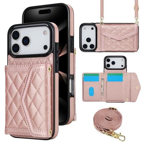 Housse en cuir iPhone 16 or rose de qualité supérieure avec sangle épaule élégante