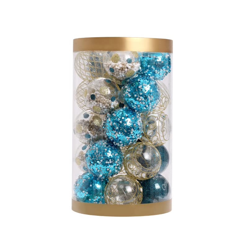 Weihnachtsbaumschmuck-Set, 25 Stück, 6 cm große Weihnachtskugeln, bemalte, bruchsichere Hängekugeln(Blue Gold)