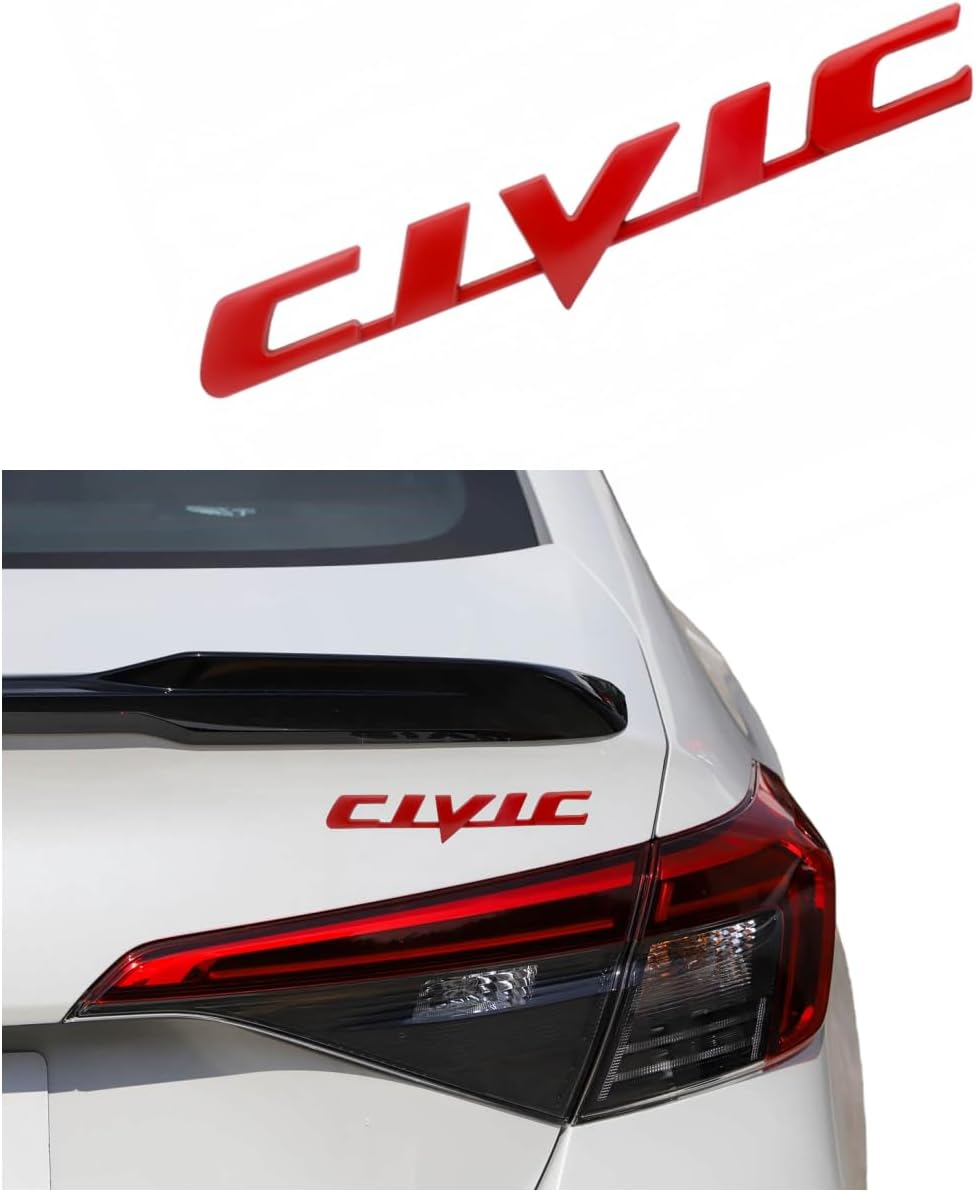 3D Metal Civic Car Emblem Badge Car Badge Decals Logo Trunk Lid Decoration Stylish Stainless Steel Tail Logo Sticker Automotive Exterior Accessory Free 4 Rolled Flower Nozzle caps(red)