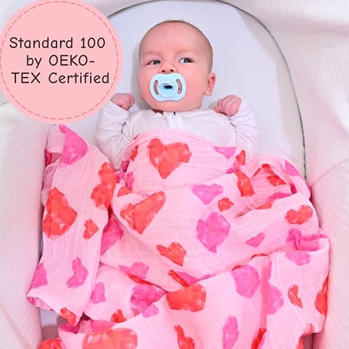 Image of LollyBanks Muslin Swaddle Blankets, 100% Cotton Baby Blankets for Girls, Soft and Lightweight 47 x 47 Inches Newborn Swaddle, Gentle Infant Blankets, Nursery Essentials (Gemstone Heart Print)