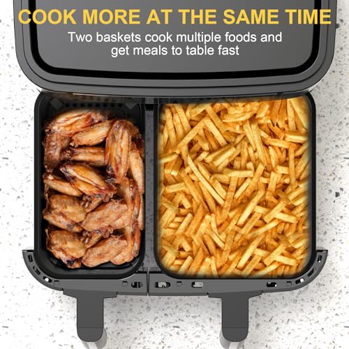 EUARY 4L+6L Dual Baskets Air Fryers for Family,8-In-1 Compact Oven with Smart Finish,Oil Free Double Zone Air Fryer with Cookbook,Timer & Temperature Control,Nonstick 2600w - Image 3