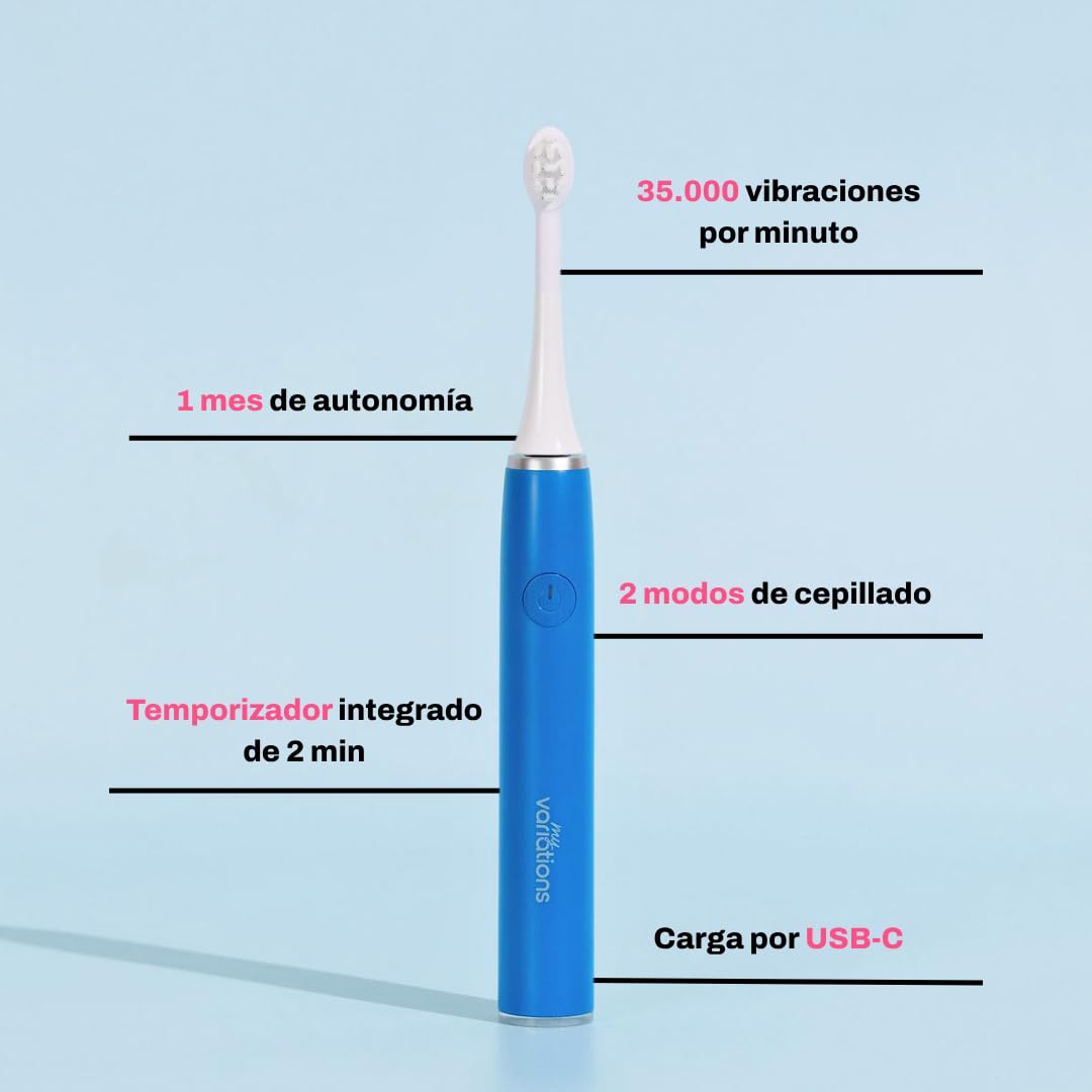 My Variations Cepillo de dientes eléctrico sónico recargable para niños, recomendado por dentistas, 2 modos, 27 calcomanías, 1 mes de duración de la batería, temporizador, a partir de 3 años (azul, 3