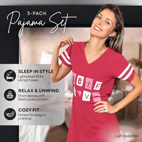 Lati Fashion 3 Pack Nightgowns For Women Soft Cotton Short Sleeve Sleepshirt Casual Sleepwear Nightdress Size S-3X2