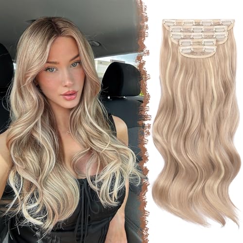 FESHFEN Extensiones de Clip Onduladas, 5 PCs Extensión de Pelo con Clips Largo Rubio Balayage Natural Sintético Postizo de Cabello para Mujer, 50 cm Rubio Ceniza Oscuro Rubio Blanquecino Mixto