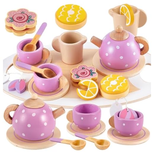 BUYGER Wooden Tea Party Set for Toddler Little Girls 3-5 with Teapot Tea Cup Set Wooden Play Food Toy Kitchen Accessories for Kids Girls Children Boys Toddler